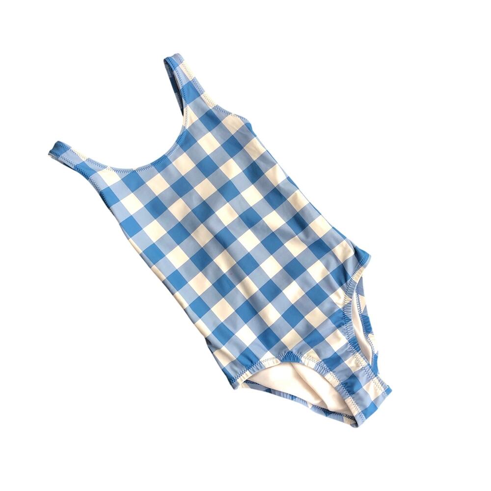 Primary plaid one piece girls swimsuit size 6-7 blue and white gingham check
